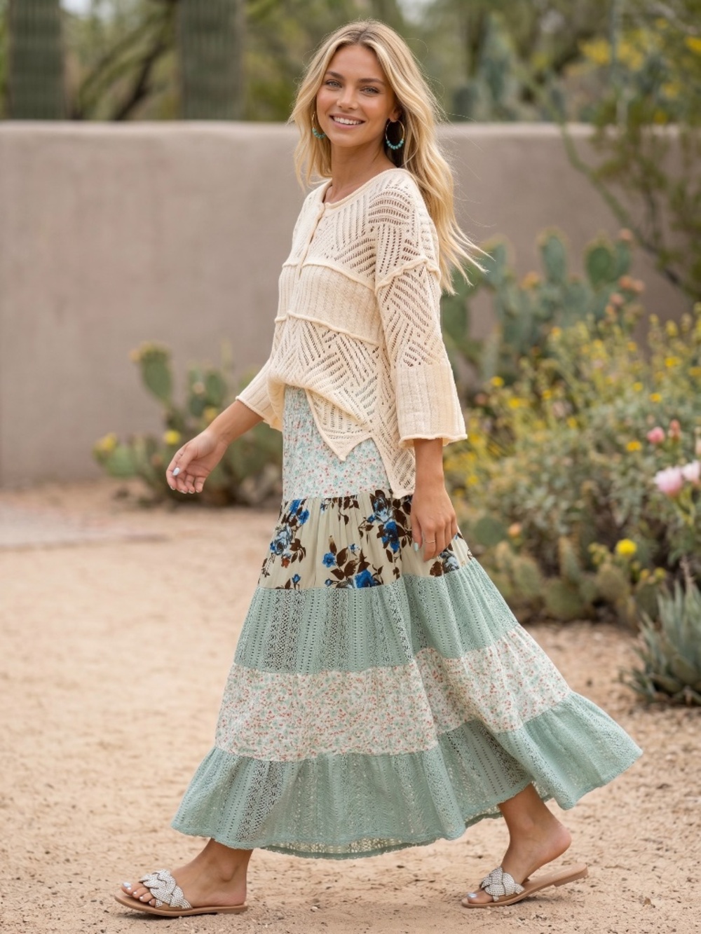 POL Sage Green Boho Patchwork Maxi Skirt | Floral Lace Tiered Flowy Pull On - Picture 2 of 7